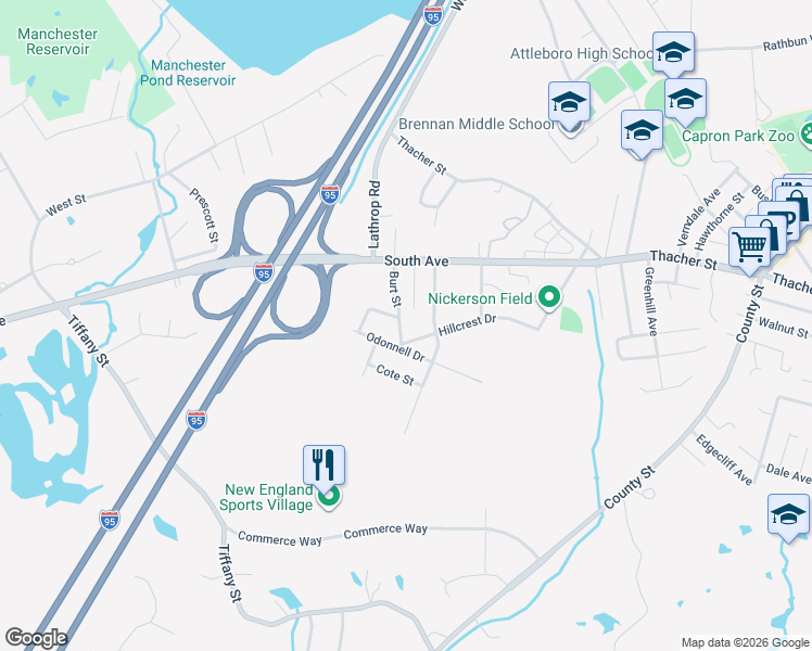 map of restaurants, bars, coffee shops, grocery stores, and more near 22 Burt Street in Attleboro