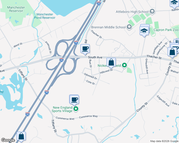 map of restaurants, bars, coffee shops, grocery stores, and more near 22 Burt Street in Attleboro