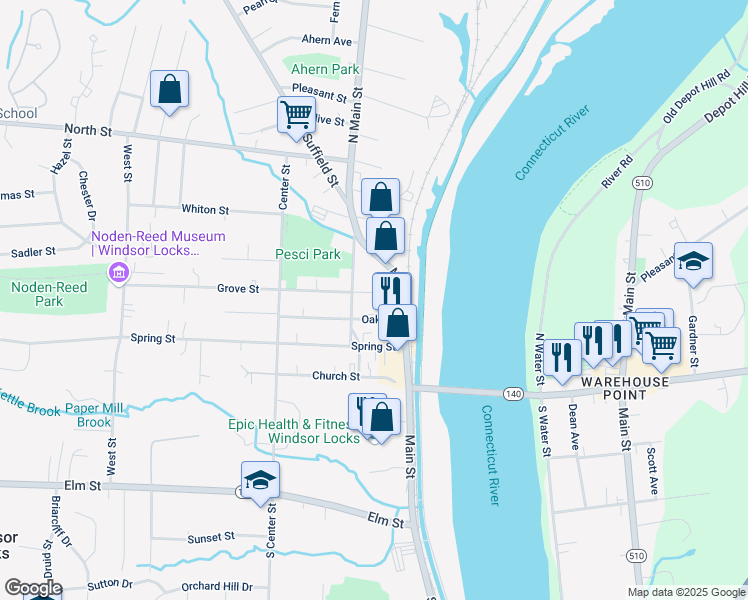 map of restaurants, bars, coffee shops, grocery stores, and more near 3 Grove Street in East Windsor