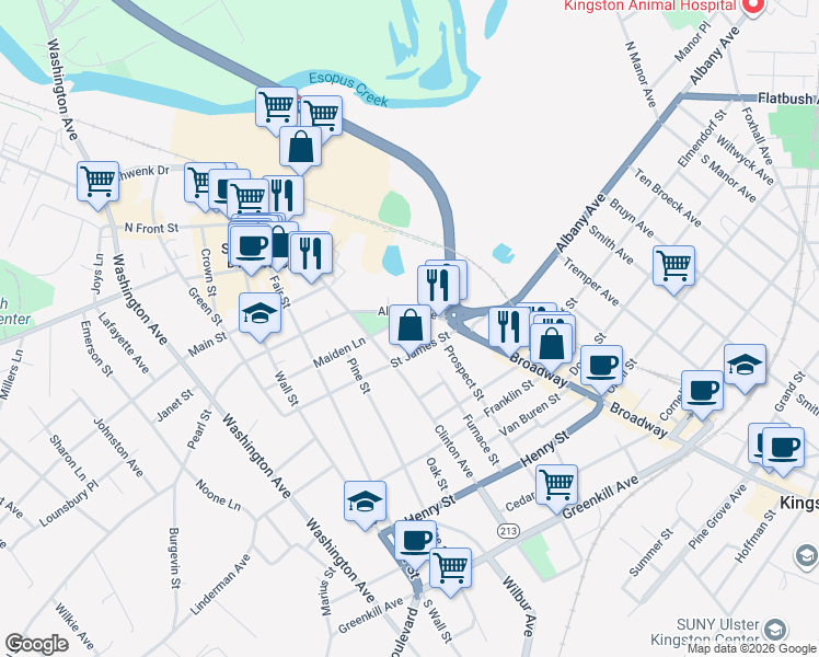 map of restaurants, bars, coffee shops, grocery stores, and more near 895 Albany Avenue in Kingston