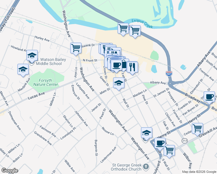 map of restaurants, bars, coffee shops, grocery stores, and more near 100 Green Street in Kingston