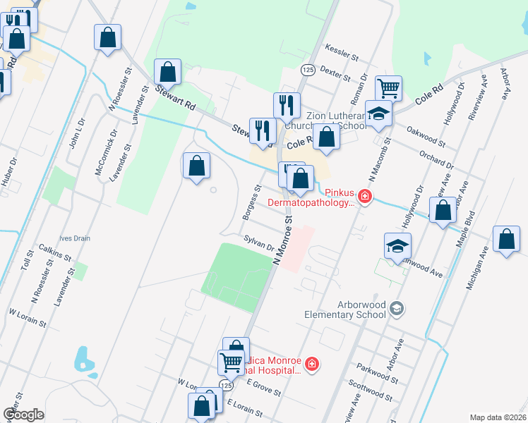 map of restaurants, bars, coffee shops, grocery stores, and more near 124 Stanford Drive in Monroe