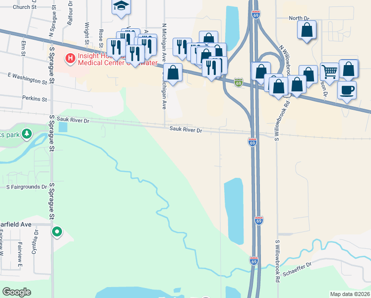 map of restaurants, bars, coffee shops, grocery stores, and more near 110 Sauk River Drive in Coldwater