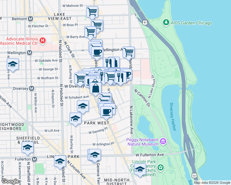 map of restaurants, bars, coffee shops, grocery stores, and more near 452 West Diversey Parkway in Chicago