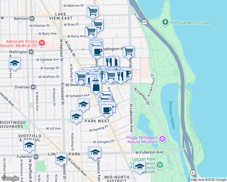 map of restaurants, bars, coffee shops, grocery stores, and more near 521 West Diversey Parkway in Chicago