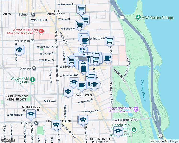 map of restaurants, bars, coffee shops, grocery stores, and more near 2727 North Lehmann Court in Chicago