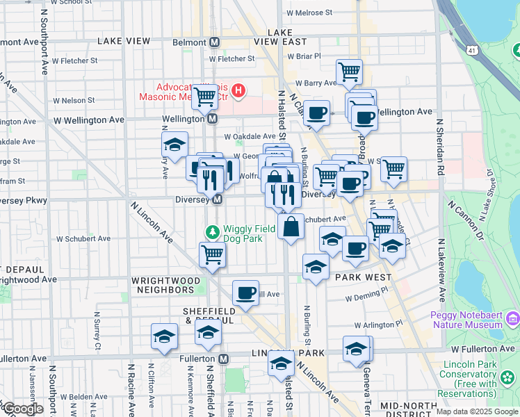 map of restaurants, bars, coffee shops, grocery stores, and more near 851 West Diversey Parkway in Chicago