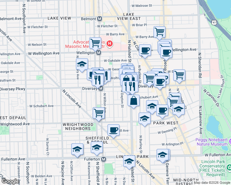 map of restaurants, bars, coffee shops, grocery stores, and more near 851 West Diversey Parkway in Chicago