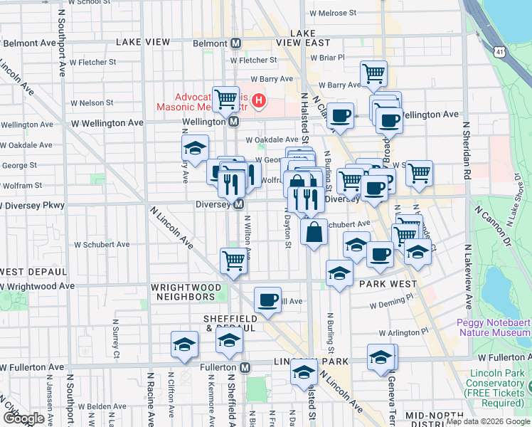 map of restaurants, bars, coffee shops, grocery stores, and more near 851 West Diversey Parkway in Chicago