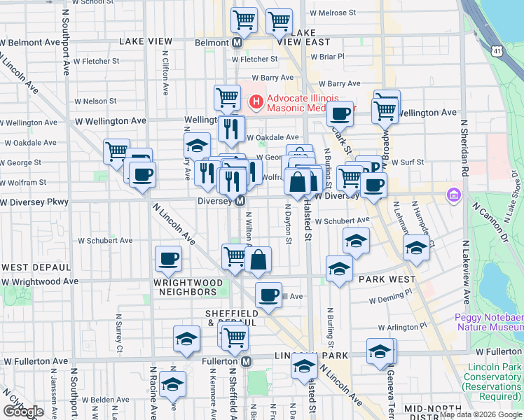 map of restaurants, bars, coffee shops, grocery stores, and more near in Chicago