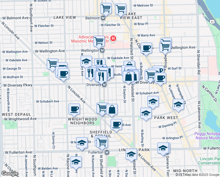 map of restaurants, bars, coffee shops, grocery stores, and more near in Chicago