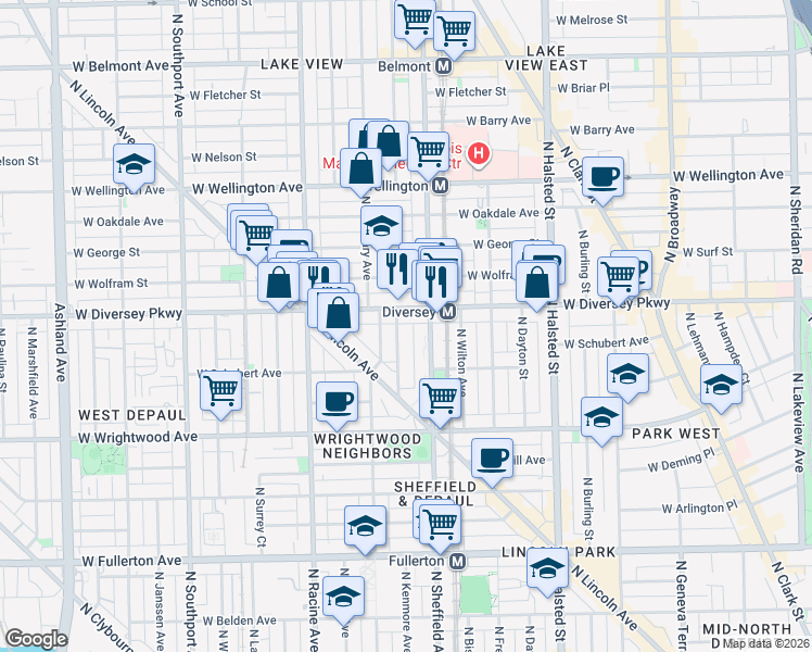 map of restaurants, bars, coffee shops, grocery stores, and more near 1055 West Diversey Parkway in Chicago