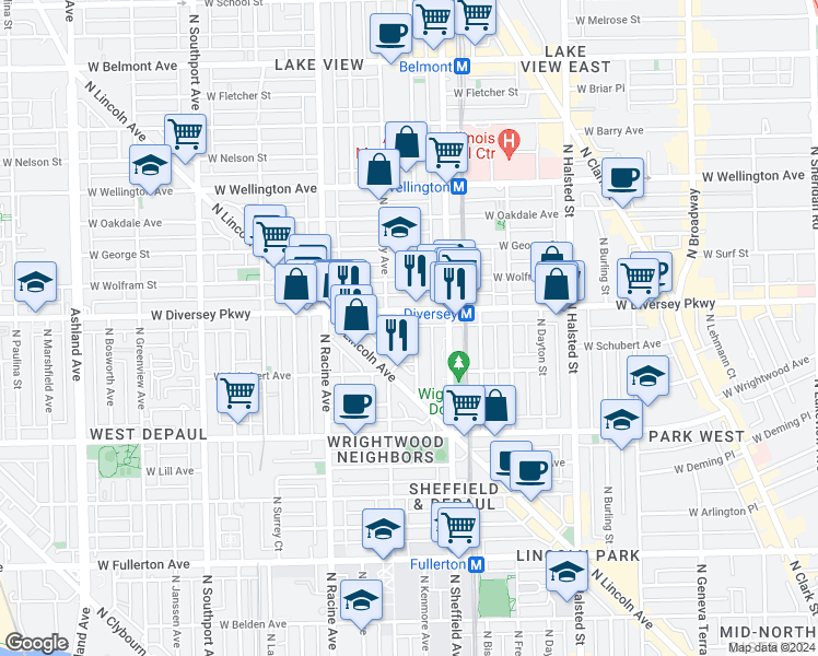 map of restaurants, bars, coffee shops, grocery stores, and more near 1055 West Diversey Parkway in Chicago
