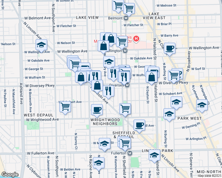map of restaurants, bars, coffee shops, grocery stores, and more near 1055 West Diversey Parkway in Chicago