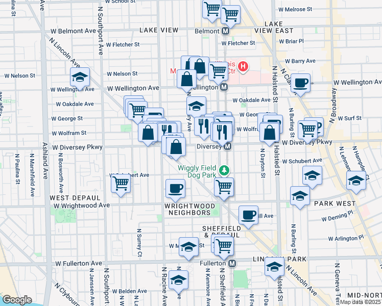 map of restaurants, bars, coffee shops, grocery stores, and more near 1055 West Diversey Parkway in Chicago