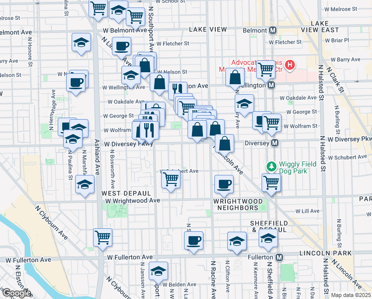 map of restaurants, bars, coffee shops, grocery stores, and more near 1305 West Diversey Parkway in Chicago