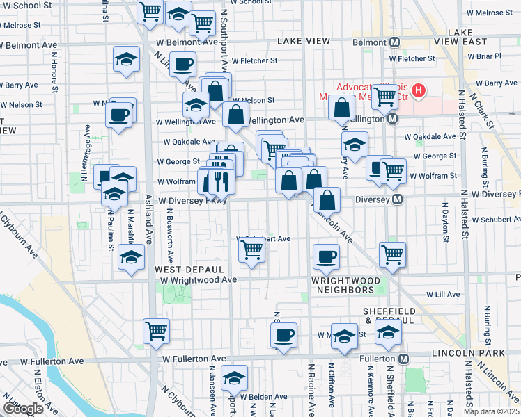 map of restaurants, bars, coffee shops, grocery stores, and more near 1305 West Diversey Parkway in Chicago
