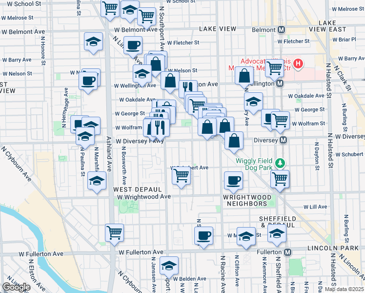 map of restaurants, bars, coffee shops, grocery stores, and more near 1305 West Diversey Parkway in Chicago