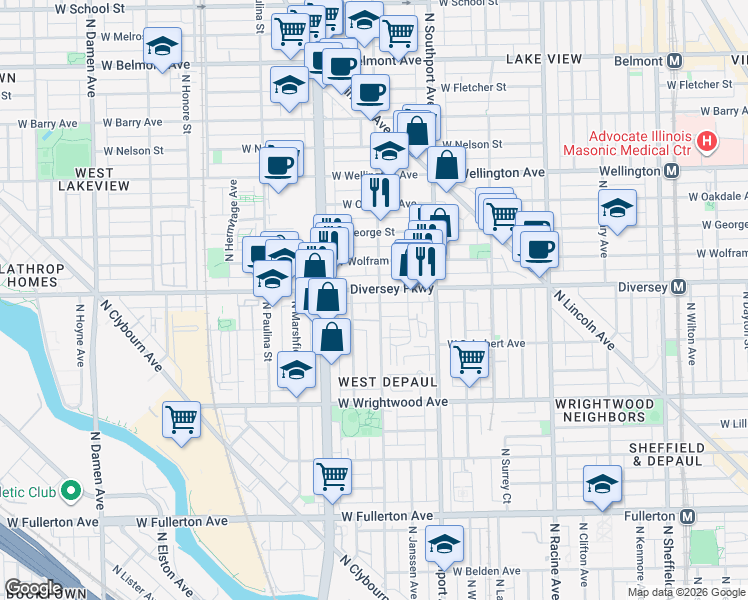 map of restaurants, bars, coffee shops, grocery stores, and more near in Chicago