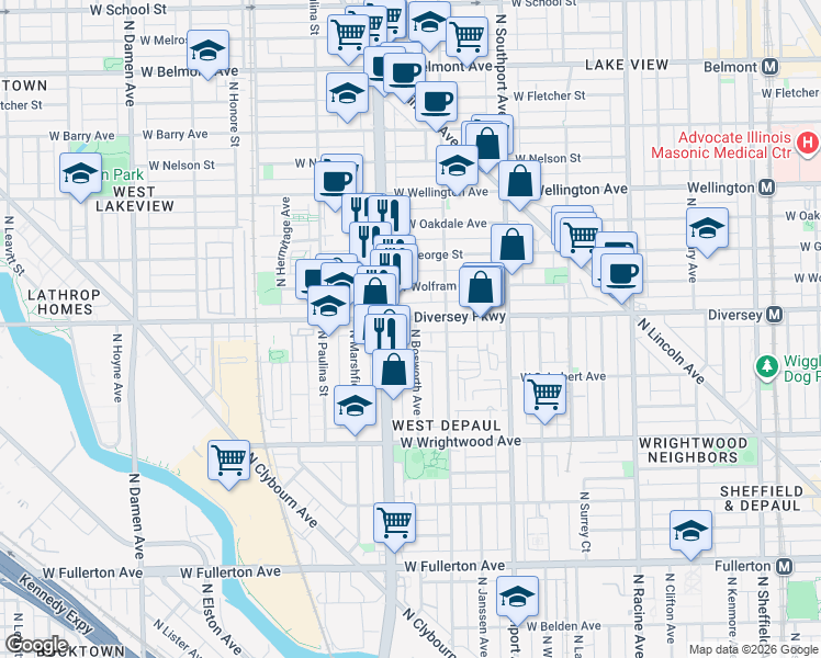map of restaurants, bars, coffee shops, grocery stores, and more near 1534 West Diversey Parkway in Chicago