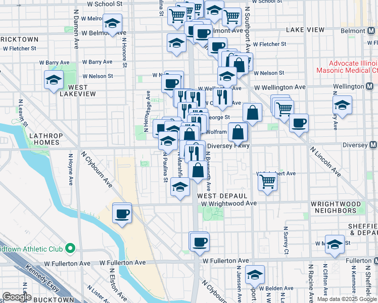 map of restaurants, bars, coffee shops, grocery stores, and more near in Chicago