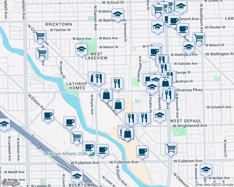 map of restaurants, bars, coffee shops, grocery stores, and more near 1840 West Diversey Parkway in Chicago