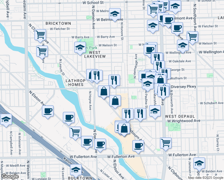map of restaurants, bars, coffee shops, grocery stores, and more near 1840 West Diversey Parkway in Chicago