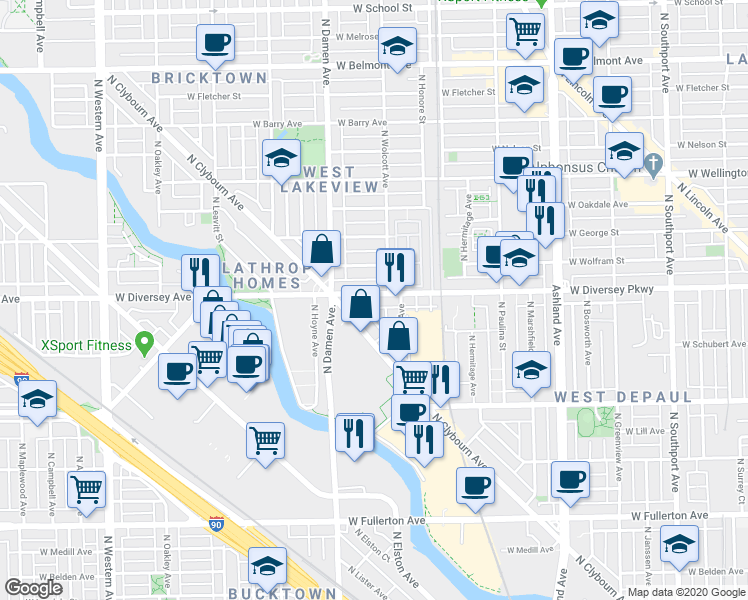 map of restaurants, bars, coffee shops, grocery stores, and more near 1930 West Diversey Parkway in Chicago