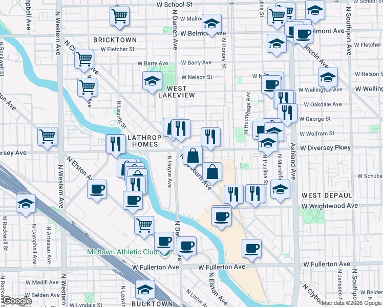 map of restaurants, bars, coffee shops, grocery stores, and more near 1930 West Diversey Parkway in Chicago