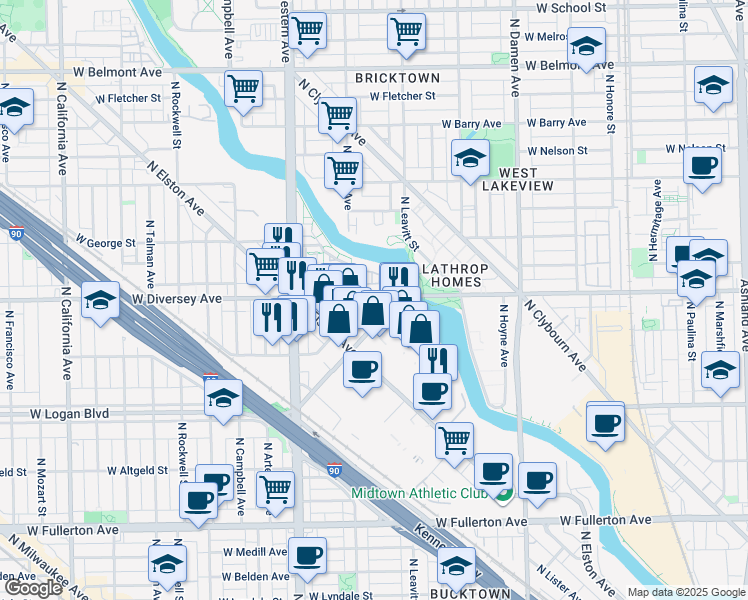 map of restaurants, bars, coffee shops, grocery stores, and more near 2214 West Diversey Avenue in Chicago