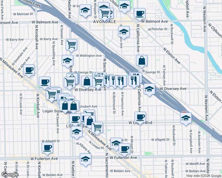map of restaurants, bars, coffee shops, grocery stores, and more near 2815 North Sacramento Avenue in Chicago