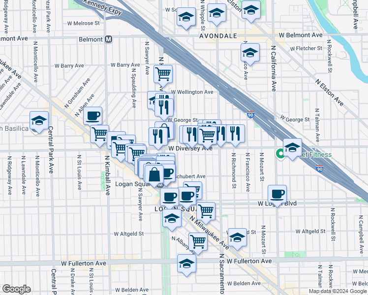 map of restaurants, bars, coffee shops, grocery stores, and more near 2816 North Albany Avenue in Chicago