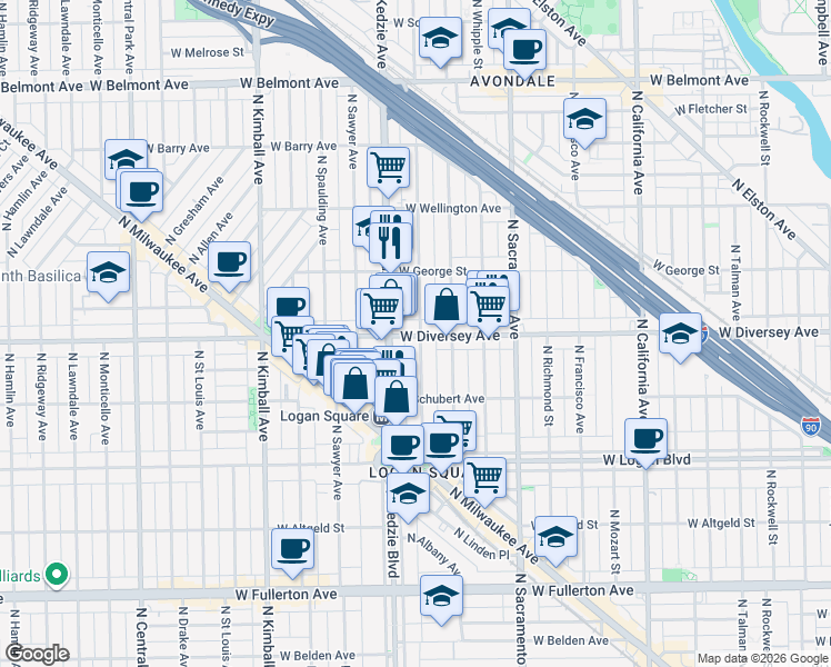map of restaurants, bars, coffee shops, grocery stores, and more near 2814 North Troy Street in Chicago