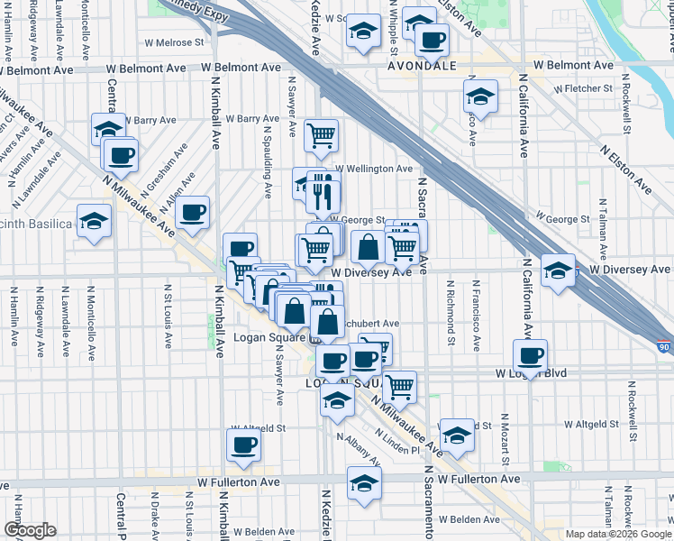 map of restaurants, bars, coffee shops, grocery stores, and more near 2814 North Troy Street in Chicago