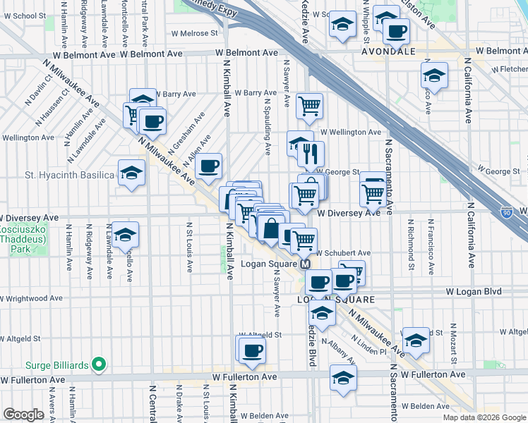 map of restaurants, bars, coffee shops, grocery stores, and more near 2815 North Spaulding Avenue in Chicago