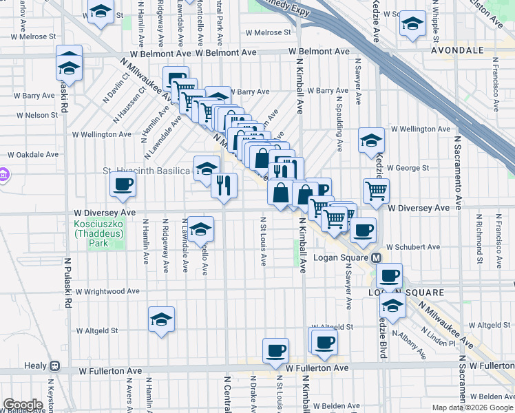 map of restaurants, bars, coffee shops, grocery stores, and more near 3545 West Wolfram Street in Chicago