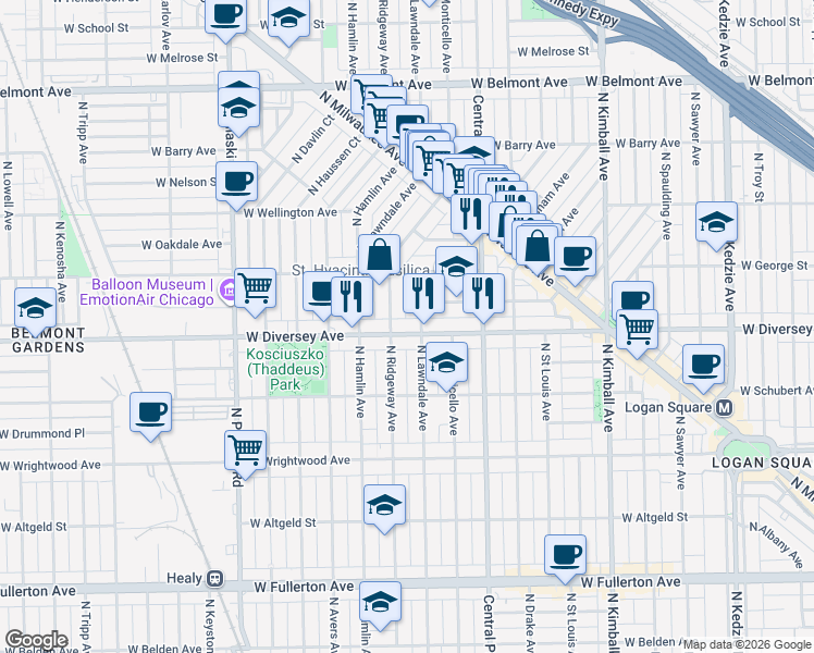 map of restaurants, bars, coffee shops, grocery stores, and more near 2820 North Lawndale Avenue in Chicago