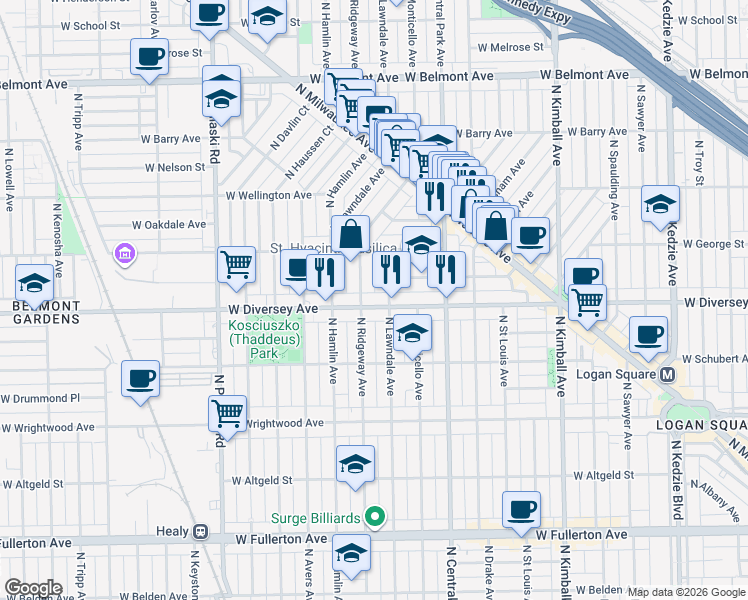 map of restaurants, bars, coffee shops, grocery stores, and more near 2820 North Lawndale Avenue in Chicago