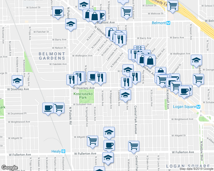map of restaurants, bars, coffee shops, grocery stores, and more near 2823 North Hamlin Avenue in Chicago
