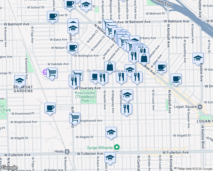 map of restaurants, bars, coffee shops, grocery stores, and more near 2823 North Hamlin Avenue in Chicago