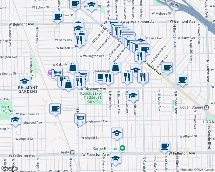 map of restaurants, bars, coffee shops, grocery stores, and more near 2817 North Avers Avenue in Chicago