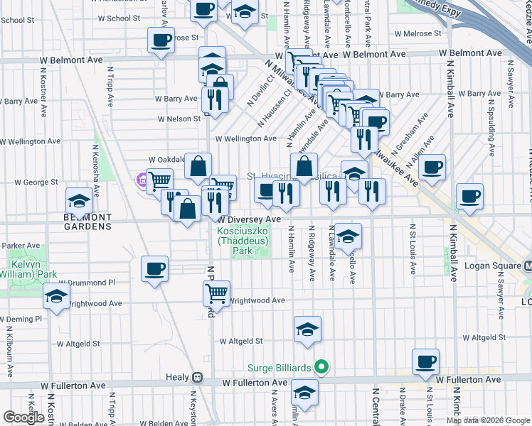 map of restaurants, bars, coffee shops, grocery stores, and more near 2817 North Avers Avenue in Chicago