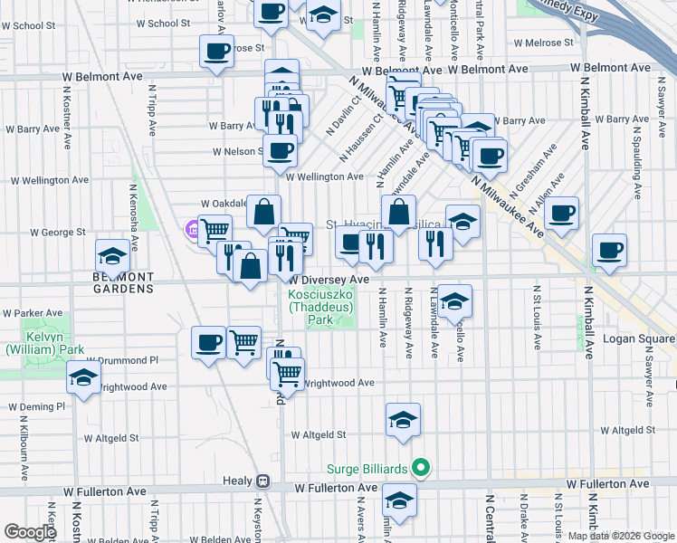 map of restaurants, bars, coffee shops, grocery stores, and more near 2819 North Springfield Avenue in Chicago