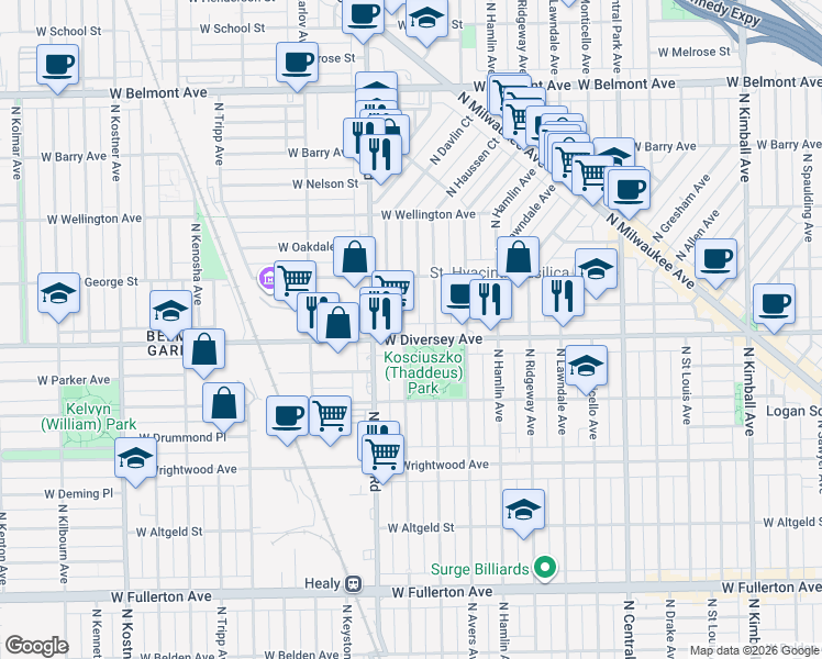 map of restaurants, bars, coffee shops, grocery stores, and more near 2826 North Harding Avenue in Chicago