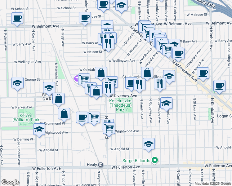 map of restaurants, bars, coffee shops, grocery stores, and more near 2826 North Harding Avenue in Chicago