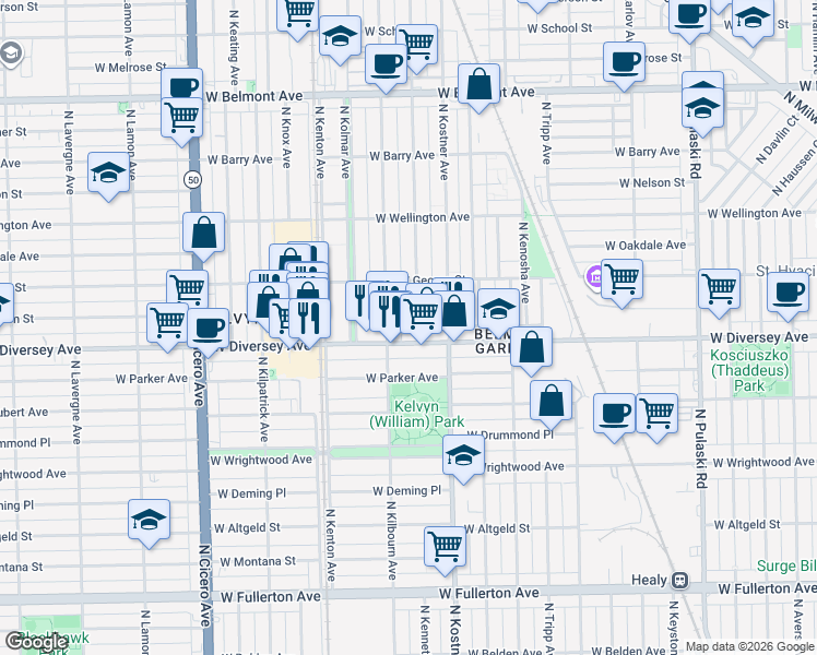 map of restaurants, bars, coffee shops, grocery stores, and more near 2829 North Kenneth Avenue in Chicago