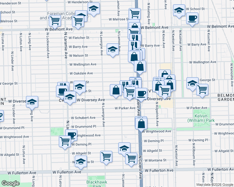 map of restaurants, bars, coffee shops, grocery stores, and more near 4920 West Wolfram Street in Chicago