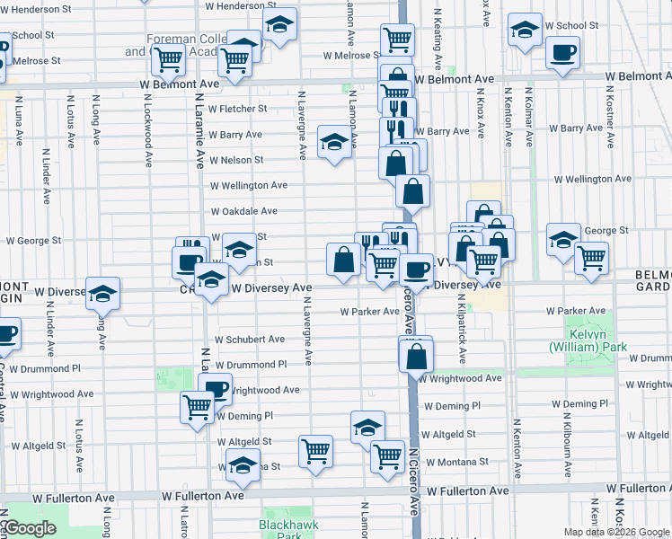 map of restaurants, bars, coffee shops, grocery stores, and more near 4920 West Wolfram Street in Chicago