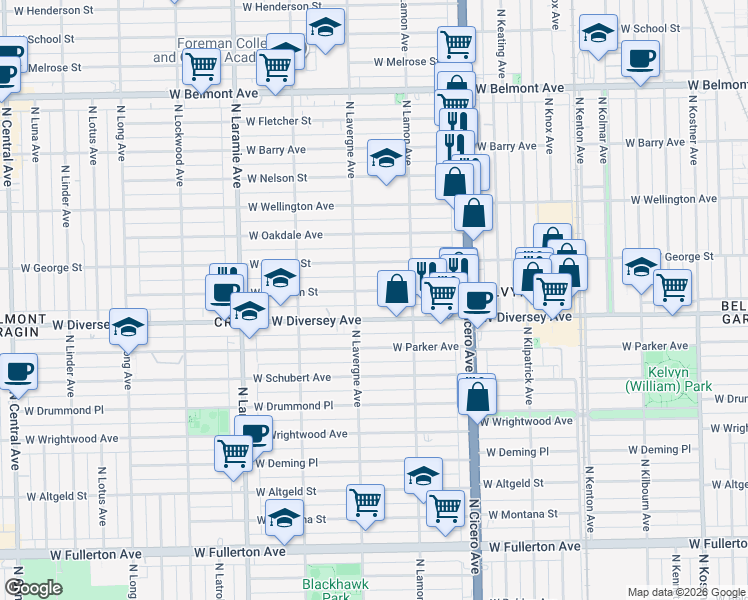 map of restaurants, bars, coffee shops, grocery stores, and more near 4920 West Wolfram Street in Chicago