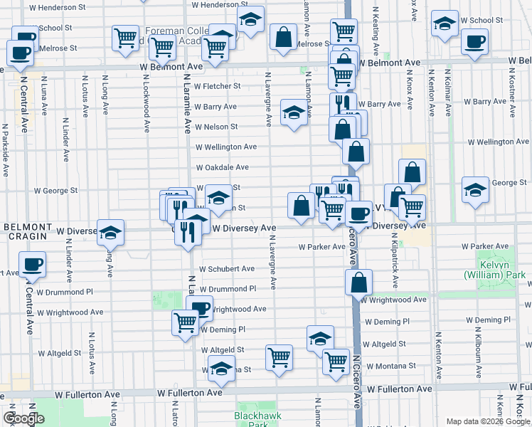 map of restaurants, bars, coffee shops, grocery stores, and more near 5000 West Wolfram Street in Chicago